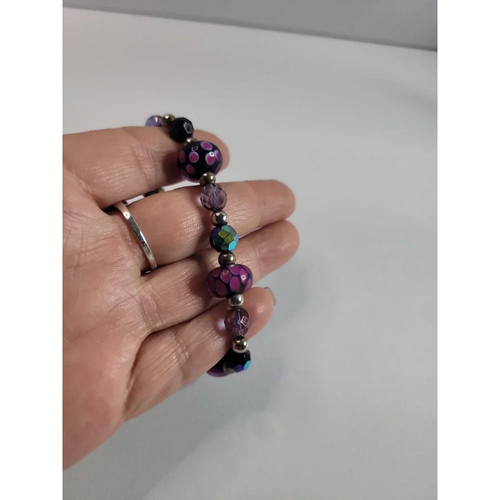 Pink Black Purple Beaded Stretch Bracelet with floral Dot Pattern